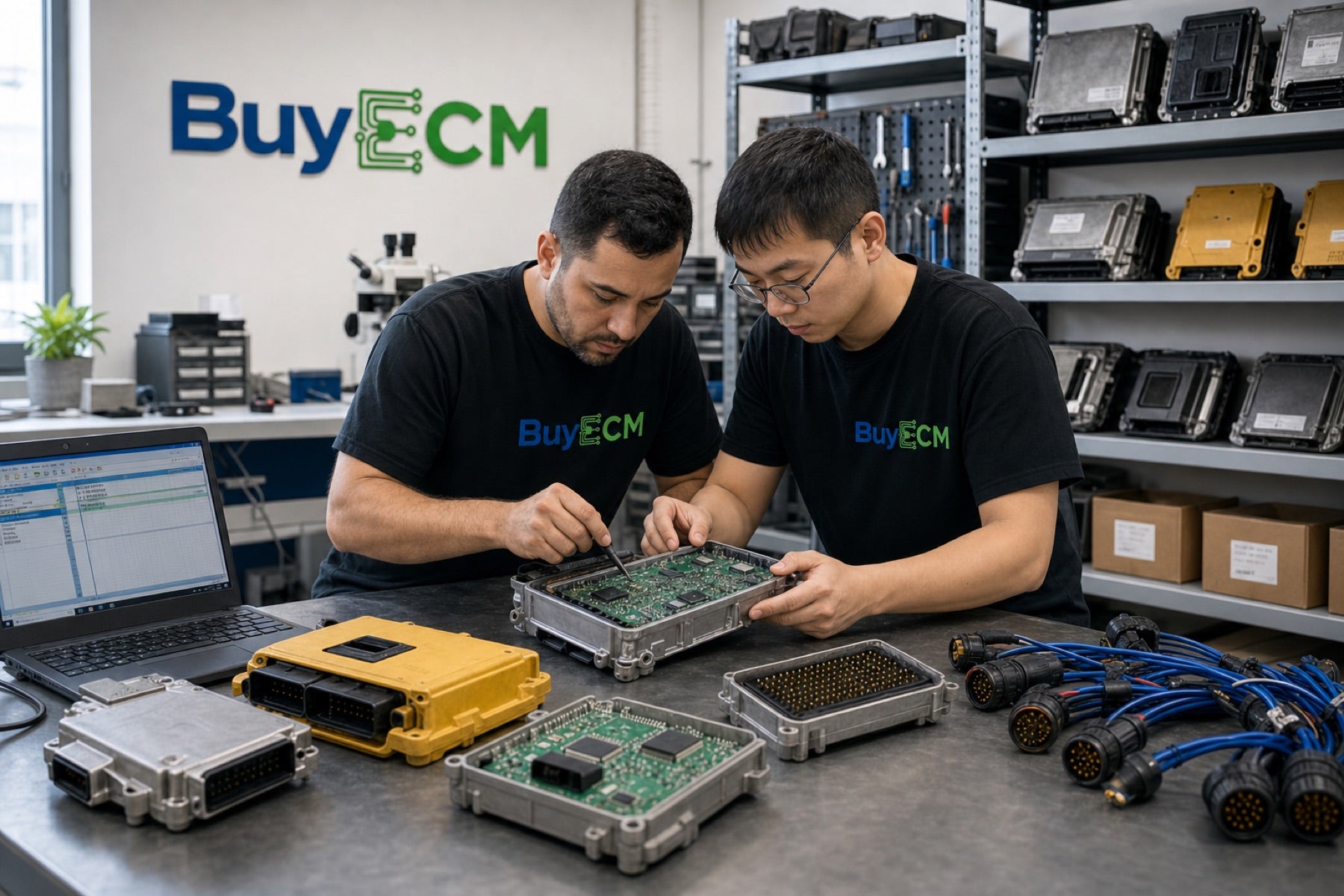 BUY ECM technical staff inspecting an ECM controller